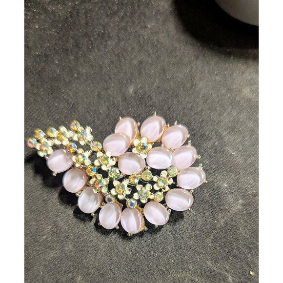 Vintage BSK Pink & Clear Rhinestone Floral Leaf Brooch Pin Costume Jewelry 2.5" - Picture 9 of 9